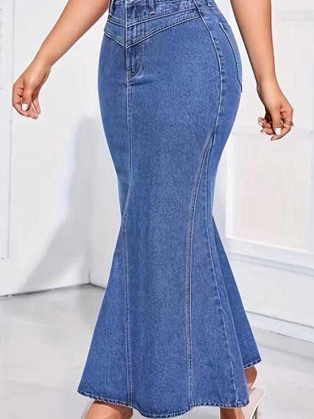 Flared Denim Maxi Skirt for Women Stylish High‑Waisted Attractive - Blue, S