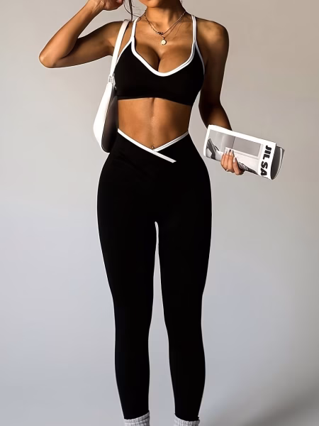 Flattering Yoga Sports Bra and Pants Adorable 2 Piece Outfit Comfortable for Women - Black/White, S