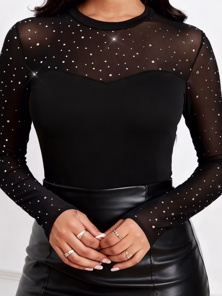 Elegant Long Sleeve Blouse Crew Neck Top Medium‑Stretch Fabric with Chic Contrast Mesh Detailing, Smooth Skinny Fit Silhouette, and Lightweight Comfort Perfect for Layering in Spring and Fall