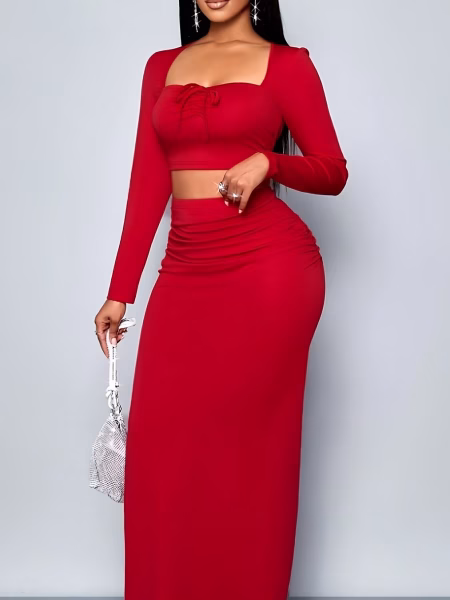 2/Pcs Set Top and Skirt for Women Sexy Elegant Two‑Piece with Square Neck, Long Sleeves & Front‑Tie Butterfly Dress, Ideal for Parties & Event