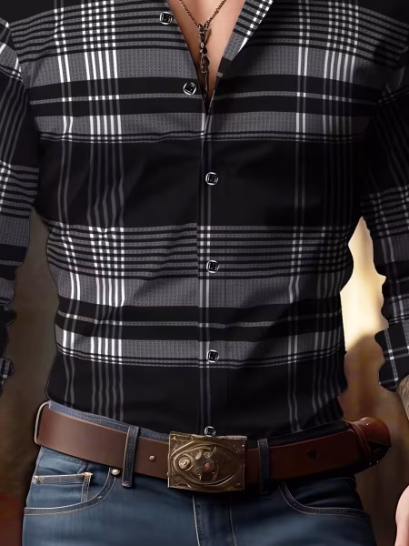Classic Casual Button-Up Shirt Men’s Comfortable Plaid Long Sleeve Shirt British Style Business with Chest Pocket, Regular Fit All-Season Versatile Shirt for Office & Casual Attire, All-Day Wear, Office Attire, Sophisticated Look