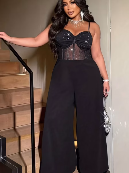 Sexy Party Halter Jumpsuit Sparkly Stretch Dazzling Mesh Wide‑Leg - Black, L