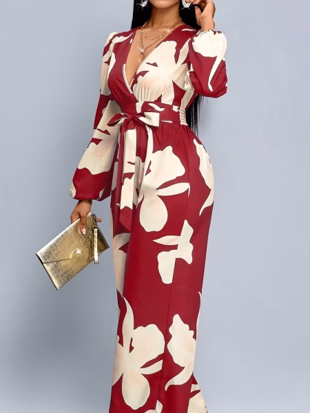 Floral Print Wide‑Leg Jumpsuit Elegant Women Red and White - Red, S