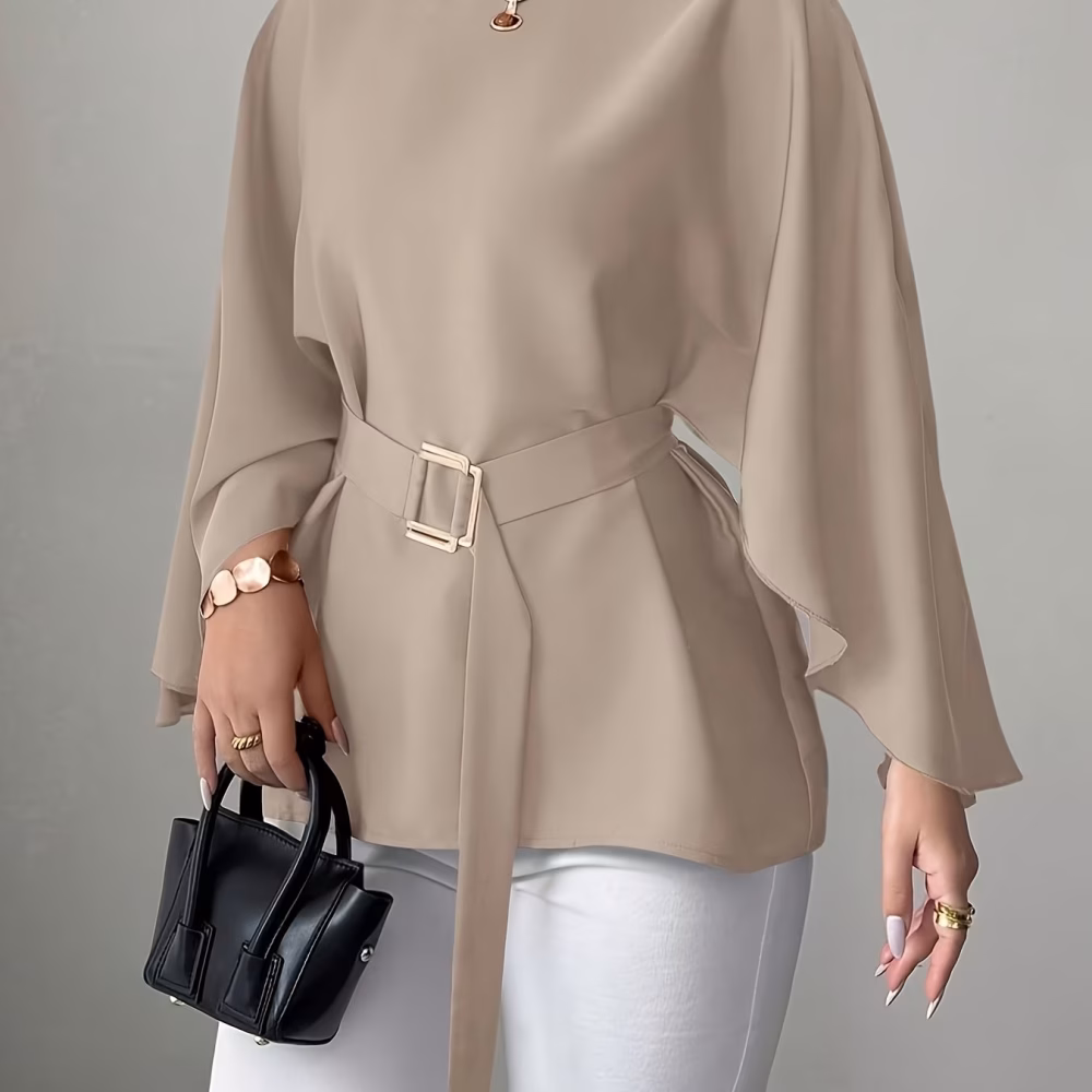 French Style Round Neck Blouse Batwing Sleeve Shirt with Waist Tie Plus Size Women Flowy, Breathable, and Ultra‑Flattering Blouse Featuring a Draped Silhouette