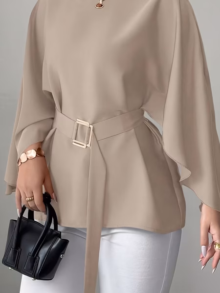 French Style Round Neck Blouse Batwing Sleeve Shirt with Waist Tie Plus Size Women Flowy, Breathable, and Ultra‑Flattering Blouse Featuring a Draped Silhouette