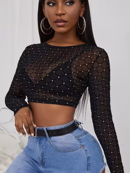 Semi‑Sheer Crop Top for Women Long Sleeve Black Mesh Crop with Rhinestones, Glittery Party Wear, Semi‑Sheer Polyester Fabric, Sexy Clubwear Top, Machine Washable & Perfect for Night Out or Festival Outfit