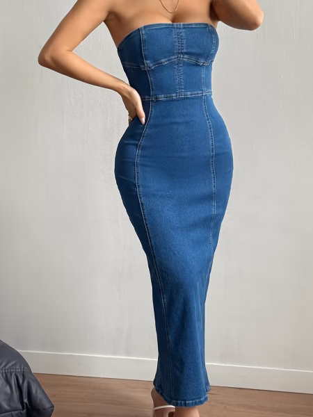 Stretchy Maxi Dress Slim Fit Strapless Attractive High-Waisted Denim with Back Slit - Blue, XS