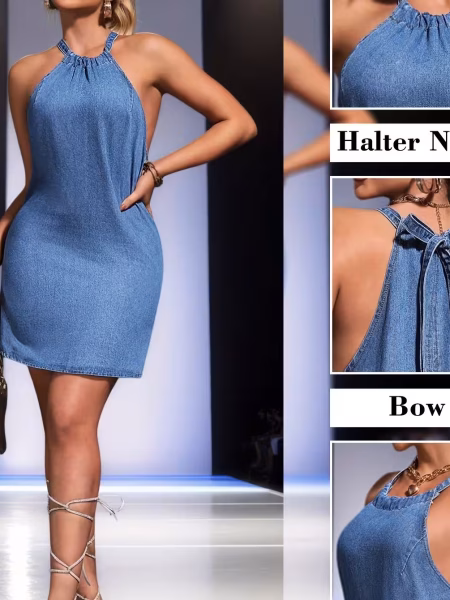 Stretch Denim Mini Dress Halter Neck, Sleeveless - Blue, S