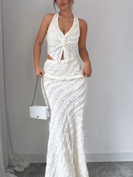 Mermaid Maxi Dress Set Women Elegant Two‑Piece featuring a Sleeveless V‑Neck Twist Halter Top and a Backless, Figure‑Hugging Bodycon Skirt a stunning, sculpted silhouette perfect for nights out, celebrations, and elevated events.