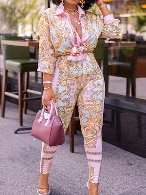 British Print Top and Pants Plus Size Charming 2-Piece Pencil Long Sleeve Set