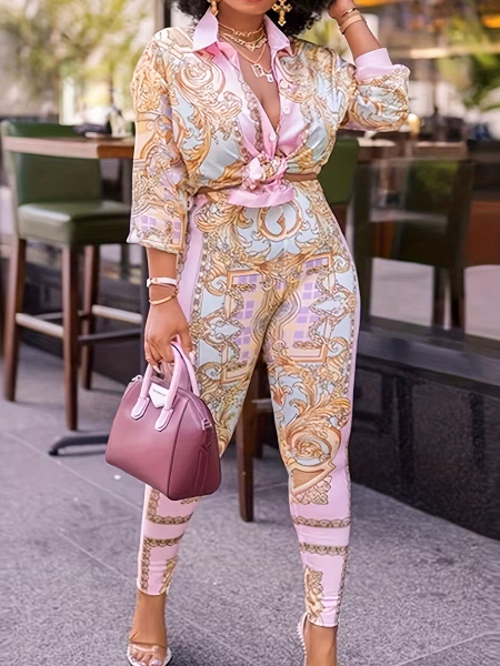 British Print Top and Pants Plus Size Charming 2-Piece Pencil Long Sleeve Set