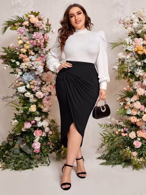 Plus‑Size High‑Waist Midi Skirt with a Striking Thigh‑High Slit