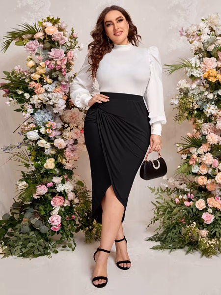Plus‑Size High‑Waist Midi Skirt with a Striking Thigh‑High Slit