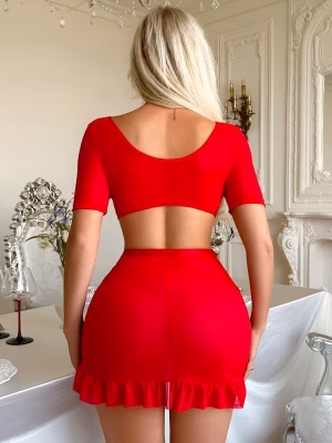 Sexy Red Lingerie Top and Skirt Set for Women Alluring Hollow-Out Design