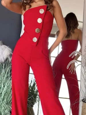 Red Strapless Elegant Jumpsuit with Metal Buckle, Fitted Waist