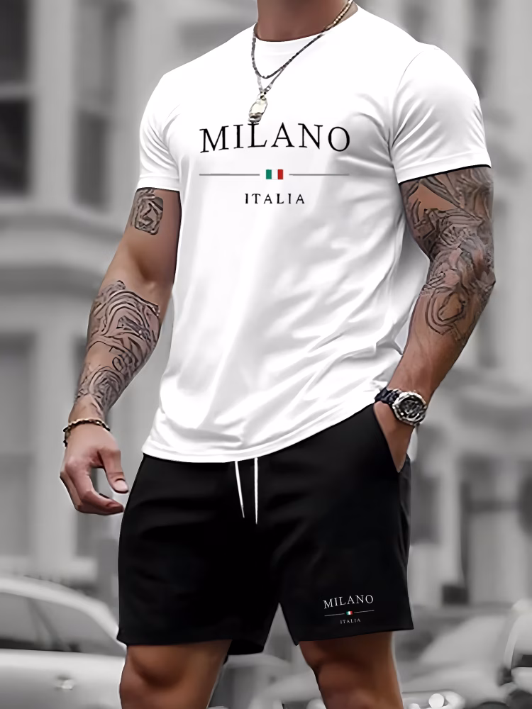 Casual T-Shirt And Shorts Set Men Milano Italy Printed on The T-Shirt Black Shorts