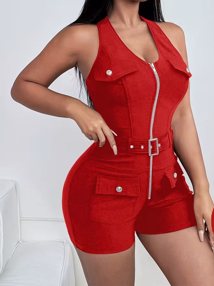 Women Premium Summer Wear Bodysuit with Belted and Full Zip up Front Opening, Breathable Seasonal Fabric, and Refined European Tailoring for a Streamlined, Elegant Fit