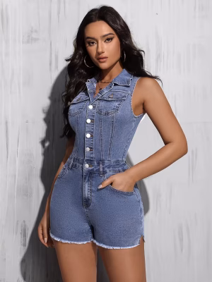 Blue Washed Denim Bodysuit Raw Hem Romper Shorts a Stylish
