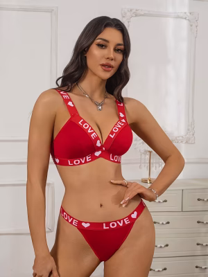 Sexy Black Lingerie Bra and Intimates Set with Heart & Letter Design