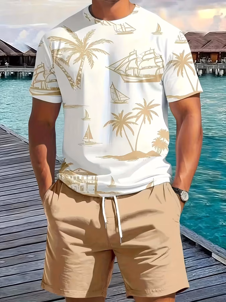 Hawaiian Print T-Shirt and Shorts Set of Two Casual Summer Outfits for Men