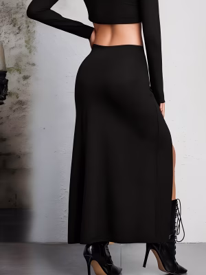 Gothic Maxi Slit Skirt with Charming High-Waisted Plus Size Elastic Waistband