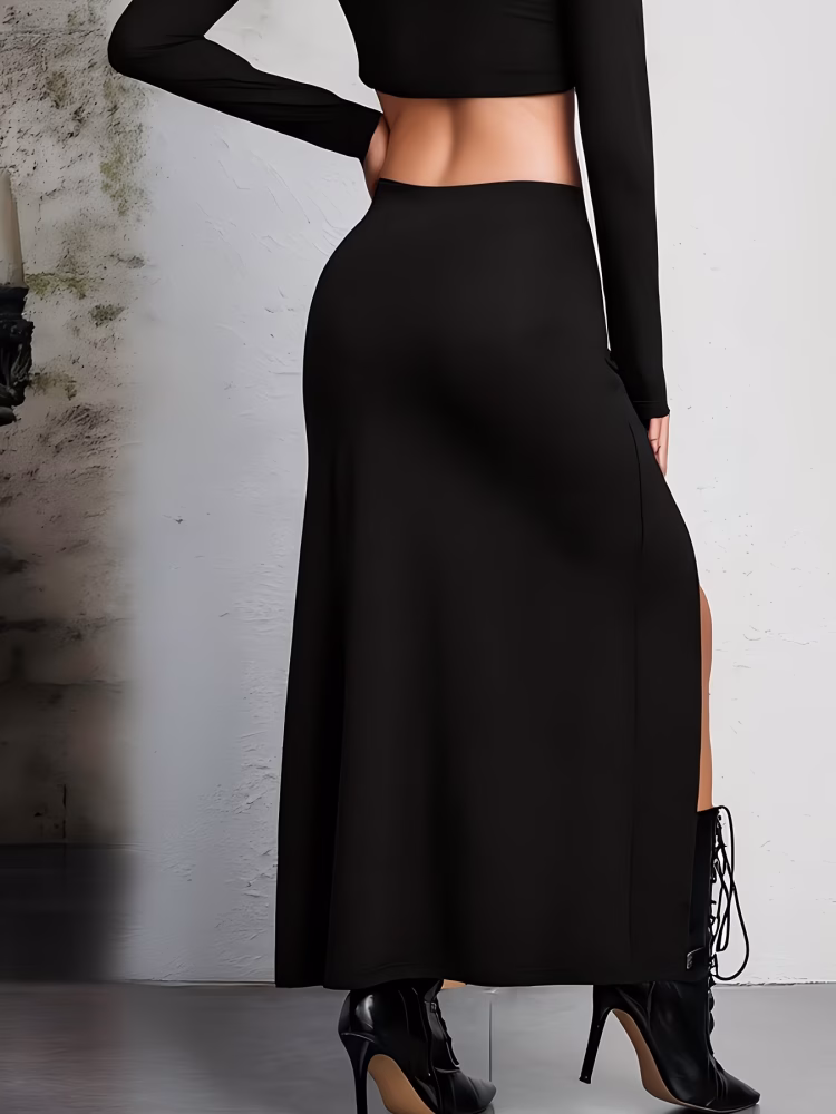 Gothic Maxi Slit Skirt with Charming High-Waisted Plus Size Elastic Waistband