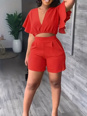 Casual Solid Color Curve Top and Shorts Charming Flowing V-Neck Short-Sleeve