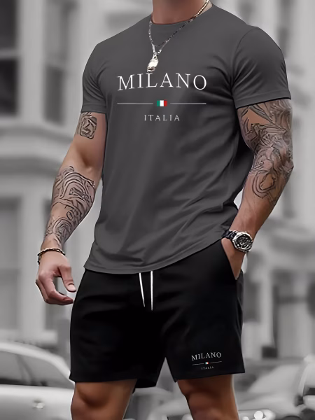 Casual T-Shirt And Shorts Set Men Milano Italy Printed on The T-Shirt Black Shorts