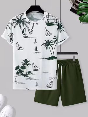 Hawaiian Print T-Shirt and Shorts Set of Two Casual Summer Outfits for Men