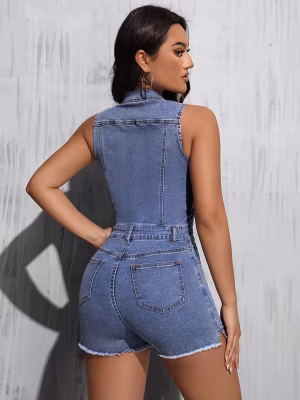 Blue Washed Denim Bodysuit Raw Hem Romper Shorts a Stylish