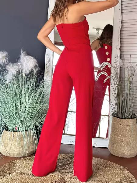 Red Strapless Elegant Jumpsuit with Metal Buckle, Fitted Waist