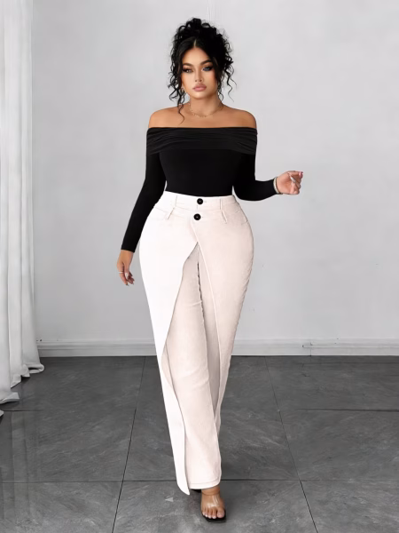 Elegant Top and Pants Outfit Alluring Black and White 2pcs Set Off-Shoulder