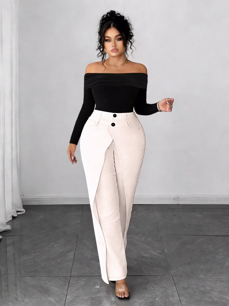 Elegant Top and Pants Outfit Alluring Black and White 2pcs Set Off-Shoulder