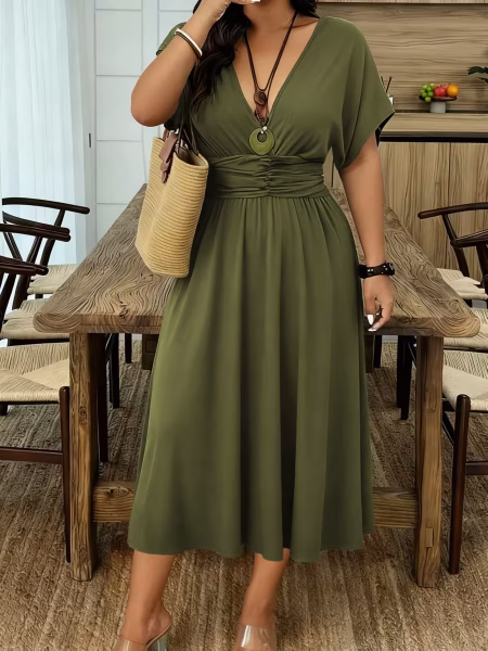 An Elegant Army Green Midi Dress for Plus Sizes, Captivating Featuring a Solid Color