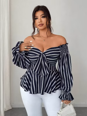 Stripe Blouse Plus Size Off‑Shoulder Contemporary Captivating A Graceful Blend of Casual and Elegant Modern, Flattering & Effortlessly Chic
