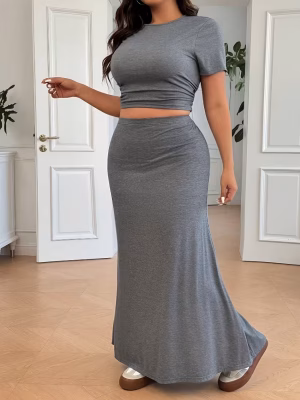 New Top and Skirt 2-Piece Women Comfortable Set, Featuring a Plus Size Soft and Comfortable Solid Color Short-Sleeve Top and a Bodycon Mermaid Skirt, Perfect for Spring and Summer