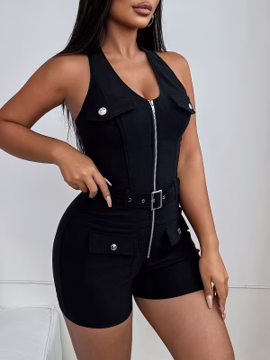 Women Premium Summer Wear Bodysuit with Belted and Full Zip up Front Opening, Breathable Seasonal Fabric, and Refined European Tailoring for a Streamlined, Elegant Fit