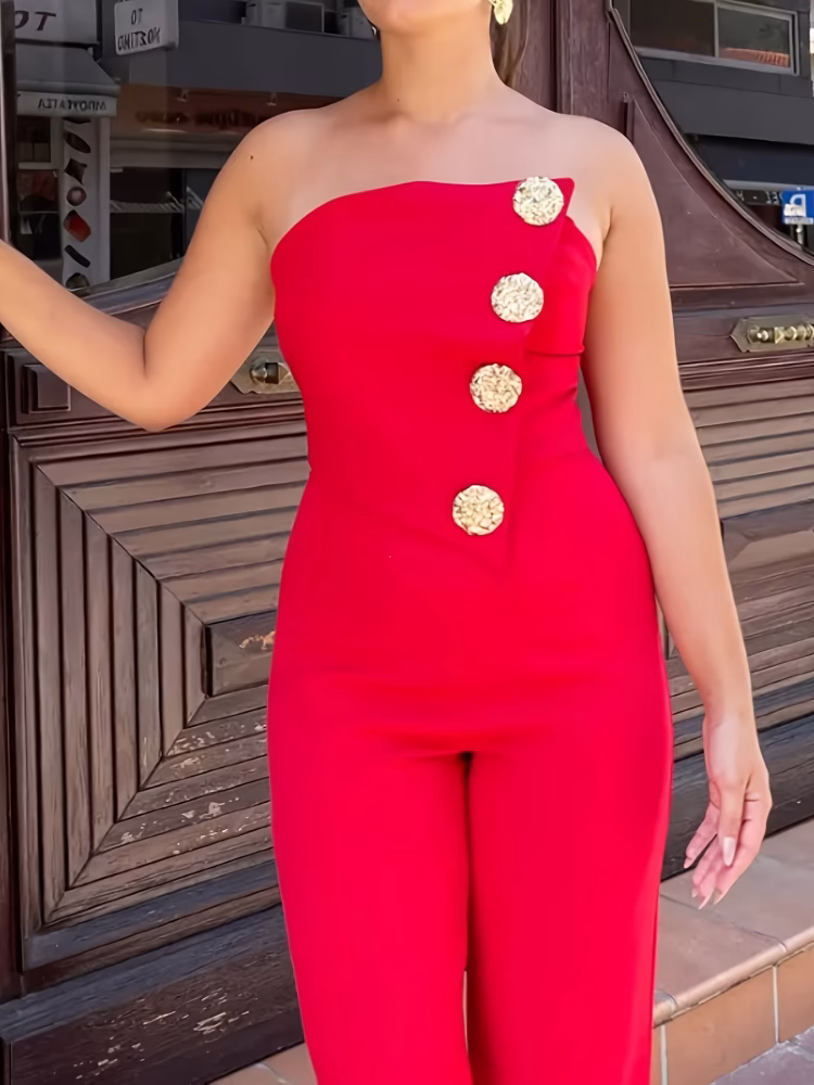 Red Strapless Elegant Jumpsuit with Metal Buckle, Fitted Waist