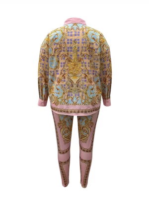 British Print Top and Pants Plus Size Charming 2-Piece Pencil Long Sleeve Set