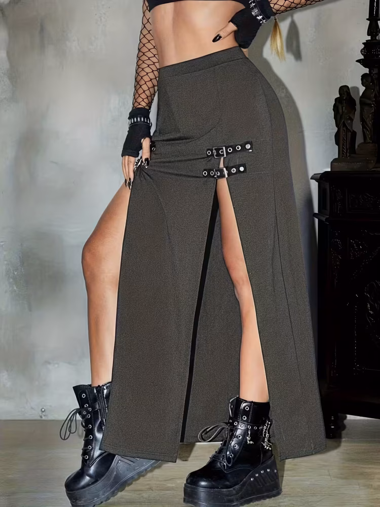 Gothic Maxi Slit Skirt with Charming High-Waisted Plus Size Elastic Waistband