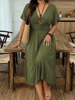 An Elegant Army Green Midi Dress for Plus Sizes, Captivating Featuring a Solid Color