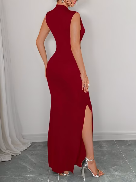 Elegant and Fashionable Maxi Dress New Adult Spring/summer Women’s Solid Color Round Neck Sleeveless Waist-revealing Decorative Buckle Hip-hugging Dress for Parties, Red Valentine’s Day Date Wedding Season Bridesmaid Dress, Long Party Dress, Elegant Date Dress