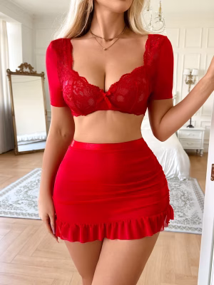 Sexy Red Lingerie Top and Skirt Set for Women Alluring Hollow-Out Design