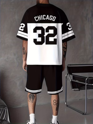 Men Chicago Casual T-Shirt and Shorts Crew Neck Short Sleeve and Shorts Set