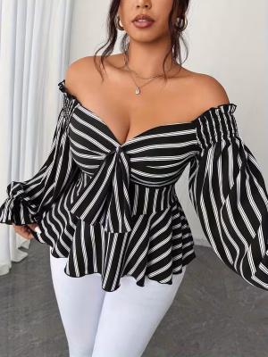 Stripe Blouse Plus Size Off‑Shoulder Contemporary Captivating A Graceful Blend of Casual and Elegant Modern, Flattering & Effortlessly Chic
