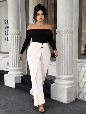 Elegant Top and Pants Outfit Alluring Black and White 2pcs Set Off-Shoulder