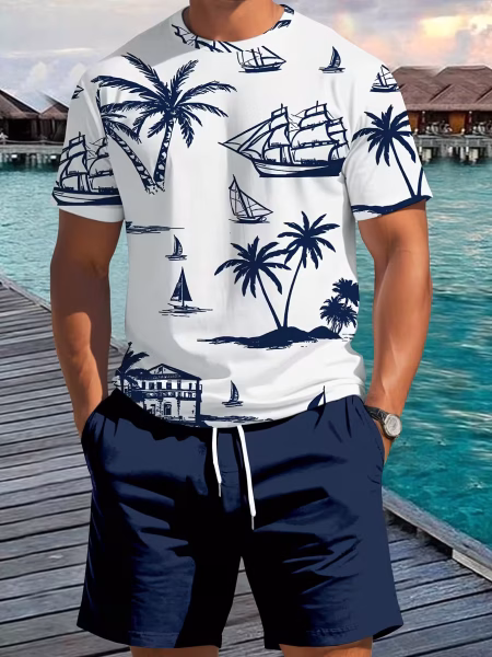 Hawaiian Print T-Shirt and Shorts Set of Two Casual Summer Outfits for Men