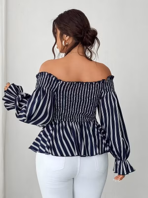 Stripe Blouse Plus Size Off‑Shoulder Contemporary Captivating A Graceful Blend of Casual and Elegant Modern, Flattering & Effortlessly Chic