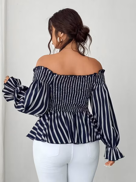 Stripe Blouse Plus Size Off‑Shoulder Contemporary Captivating A Graceful Blend of Casual and Elegant Modern, Flattering & Effortlessly Chic