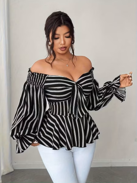 Stripe Blouse Plus Size Off‑Shoulder Contemporary Captivating A Graceful Blend of Casual and Elegant Modern, Flattering & Effortlessly Chic